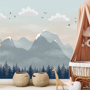 Nursery Mountain Wall Mural, Mountain Wallpaper, Forest Landscape ...