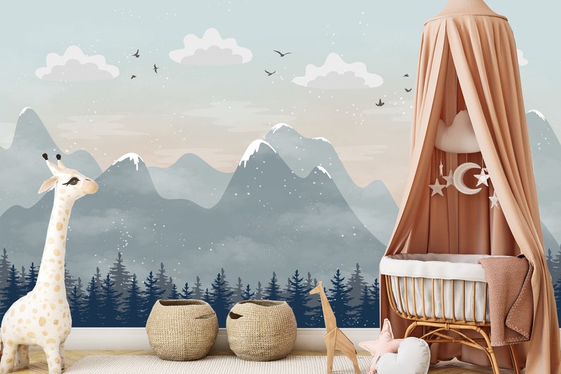Nursery Mountain Wall Mural, Mountain Wallpaper, Forest Landscape ...