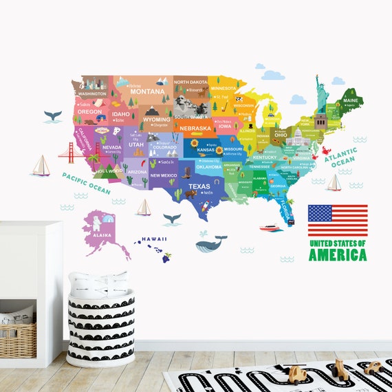 USA City Name Wall Decal, Kids Map Wall Decal, Nursery Map Wall Sticker, Travel America Map Decal, Kid Room Map Decal, Map Wall Art