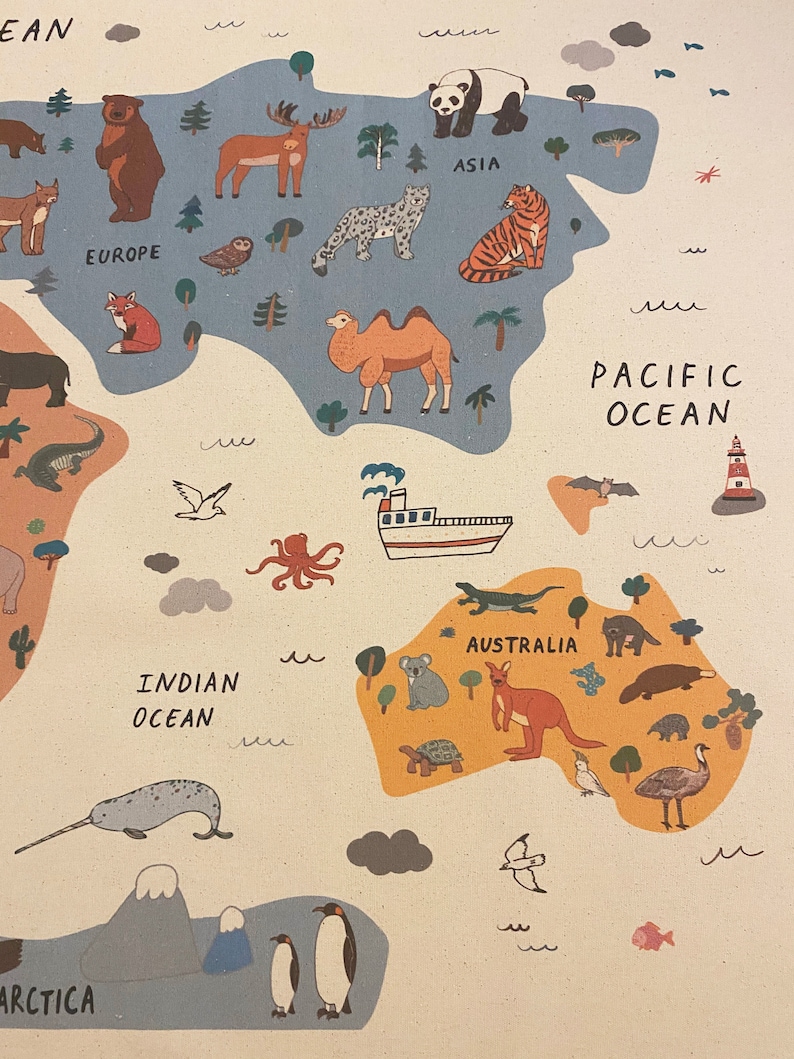Animal World Map Tapestry Organic Cotton Fabric Tapestry - Etsy