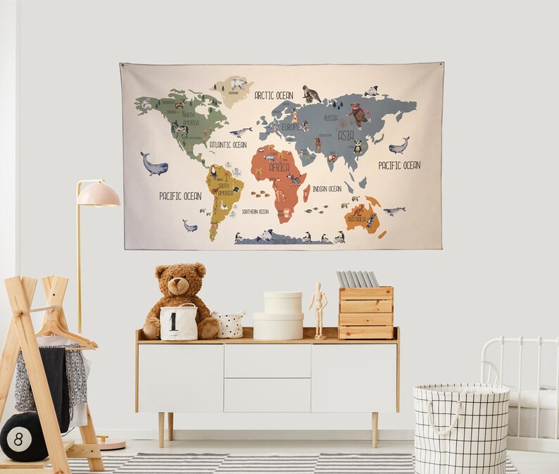 Boho World Map Tapestry Organic Cotton Fabric Tapestry Etsy