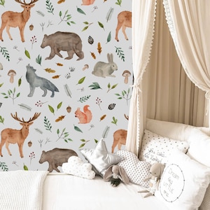Carta da parati con animali del bosco ad acquerello, carta da parati con animali della foresta, murale per bambini, carta da parati per bambini, carta da parati per giungla