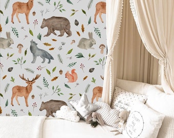 Papel tapiz autoadhesivo con animales del bosque en acuarela, papel tapiz de animales del bosque, mural de pared para niños, papel tapiz para guardería, papel tapiz de jungla