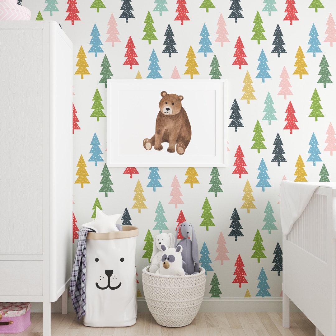 Colorful Tree Removable Wallpaper, Tree Wallpaper, Nursery Wallpaper ...