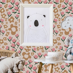Carta da parati rimovibile con fiori boho, carta da parati staccabile e adesiva, carta da parati con fiori vintage, murale floreale, carta da parati con fiori per bambini