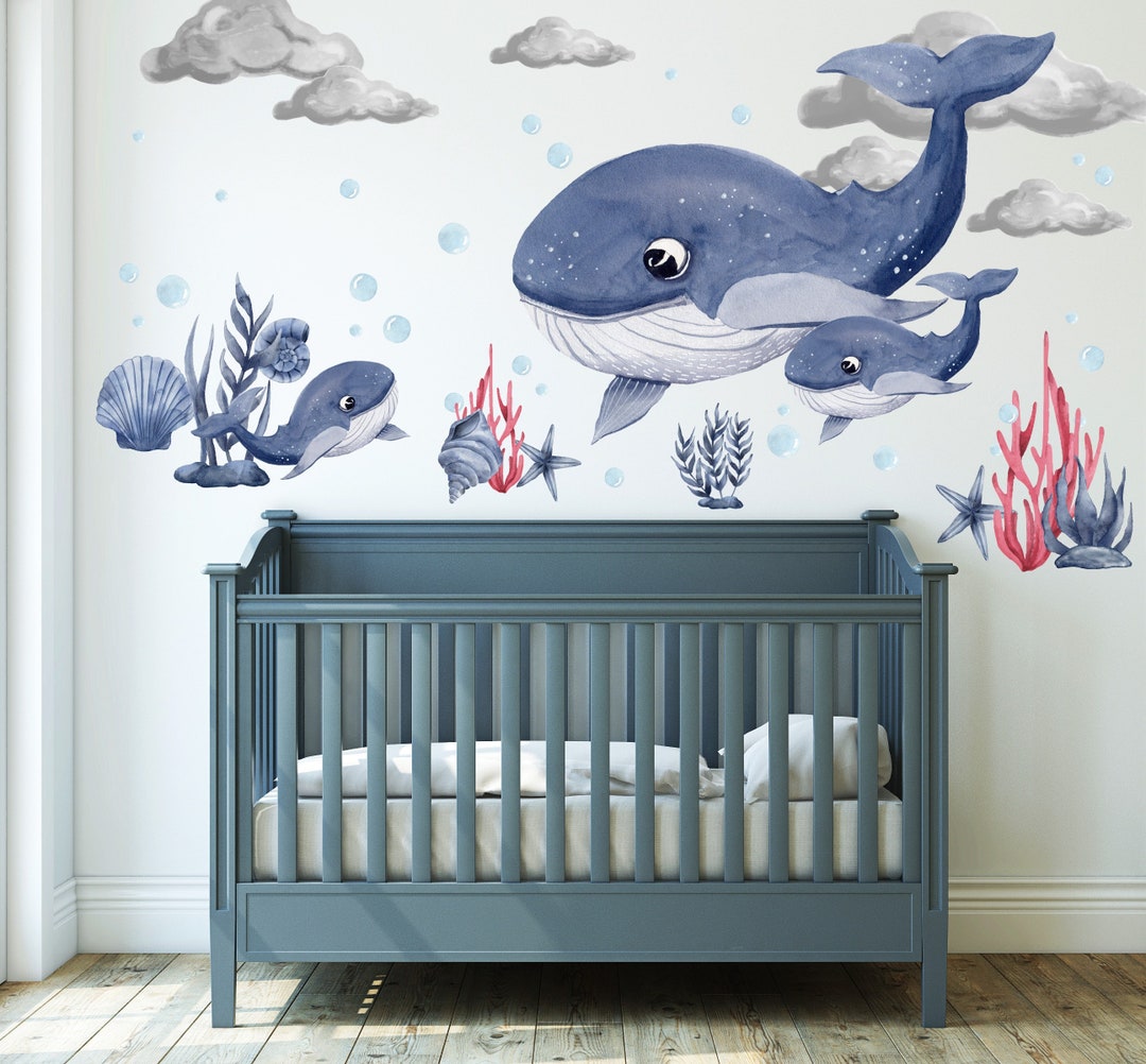 Watercolor Whales Wall Decal Set, Removable Whale Wall Sticker, Sea