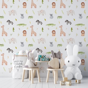 Safari Animals Removable Wallpaper, Jungle Wallpaper, Nursery Woodland Wallpaper, Safari Animals Wall Mural, Peel and Stick Wallpaper
