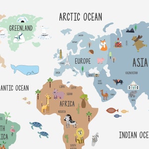 May include: A colorful world map with illustrations of animals and landmarks. The map is divided into continents with names like "Greenland", "Europe", "Asia", "Africa", and "South America". The map also includes the names of oceans like "Arctic Ocean", "Atlantic Ocean", and "Indian Ocean".