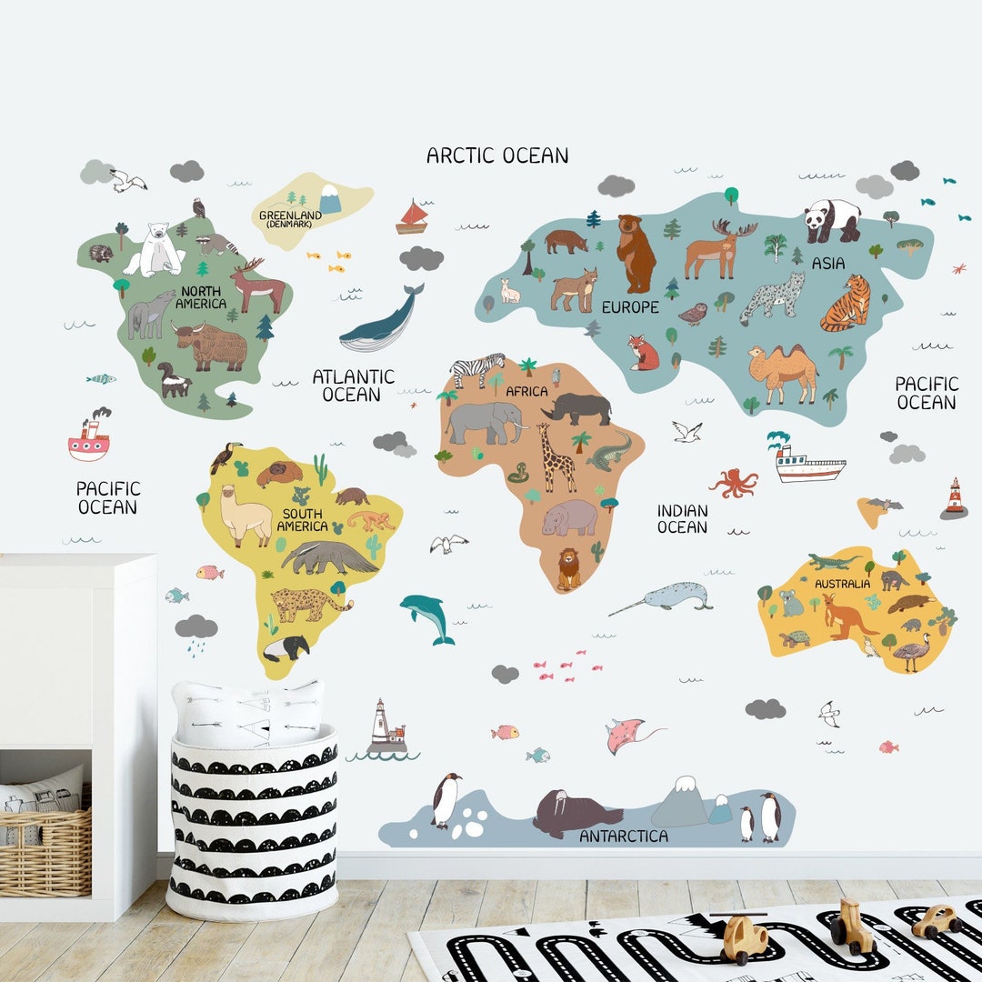 Childrens Animal World Map Decal, Nursery Wall Decal, Nursery World Map ...