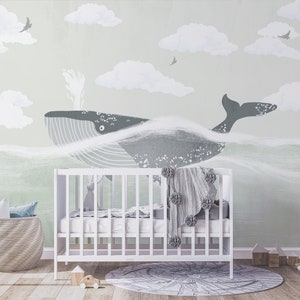 Watercolor Whale Wallpaper, Kids Ocean Wallpaper, Kids Wall Mural, Ocean Whale Wallpaper, Under the Sea Wallpaper, Peel and Stick Wallpaper