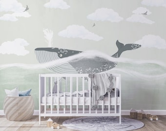 Watercolor Whale Wallpaper, Kids Ocean Wallpaper, Kids Wall Mural, Ocean Whale Wallpaper, Under the Sea Wallpaper, Peel and Stick Wallpaper