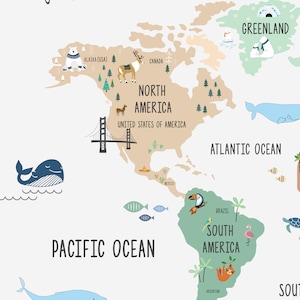 May include: A colorful world map illustration with animal and landmark icons. The map shows North America, South America, Greenland, the Atlantic Ocean, and the Pacific Ocean. The map includes text labels for each continent and ocean.