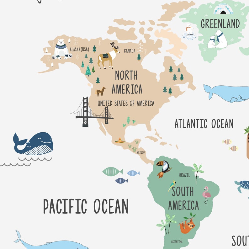 May include: A colorful world map illustration with animal and landmark icons. The map shows North America, South America, Greenland, the Atlantic Ocean, and the Pacific Ocean. The map includes text labels for each continent and ocean.