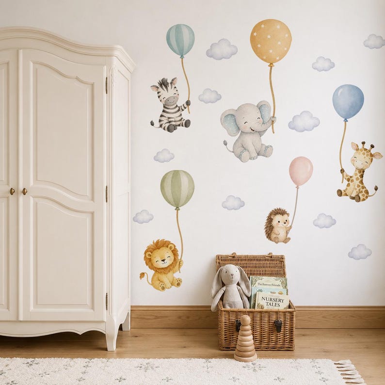 Safari Balloon Wall Decals for Nursery, Watercolour Animal Wall ...