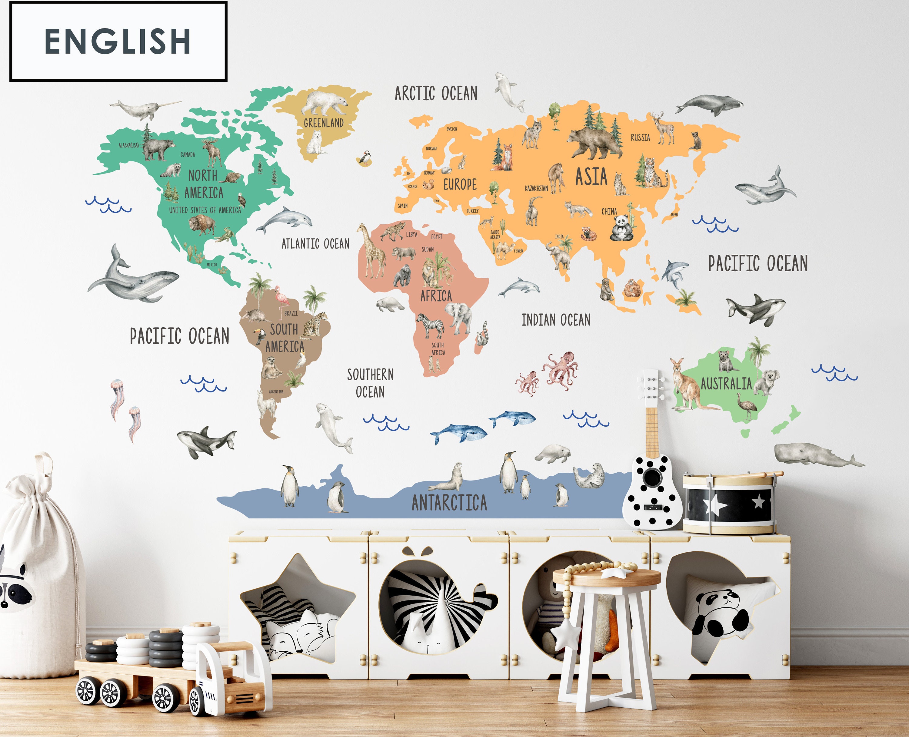 Kids Animal World Map Sticker, Nursery World Map Decal, World Map Wall ...
