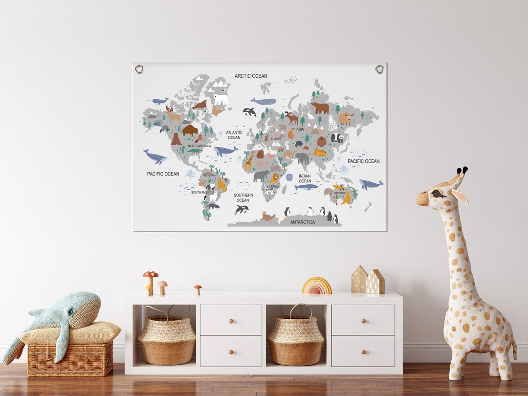 World Map Wall Hanging, Nursery World Map, Kid Room World Map, Map Wall