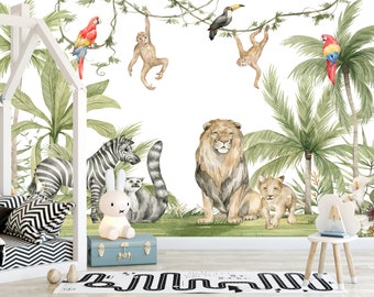 Watercolor Safari Animals Removable Wallpaper, Jungle Animal Wall Mural, Nursery Jungle Animals Wallpaper, Self Adhesive,  Peel and Stick