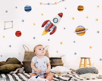 Space Wall Decal, Nursery Galaxy Wall Sticker, Kid Room Space Wall Decal, Watercolor Planets Wall Decal, Space Wall Sticker, Kid Room Decals