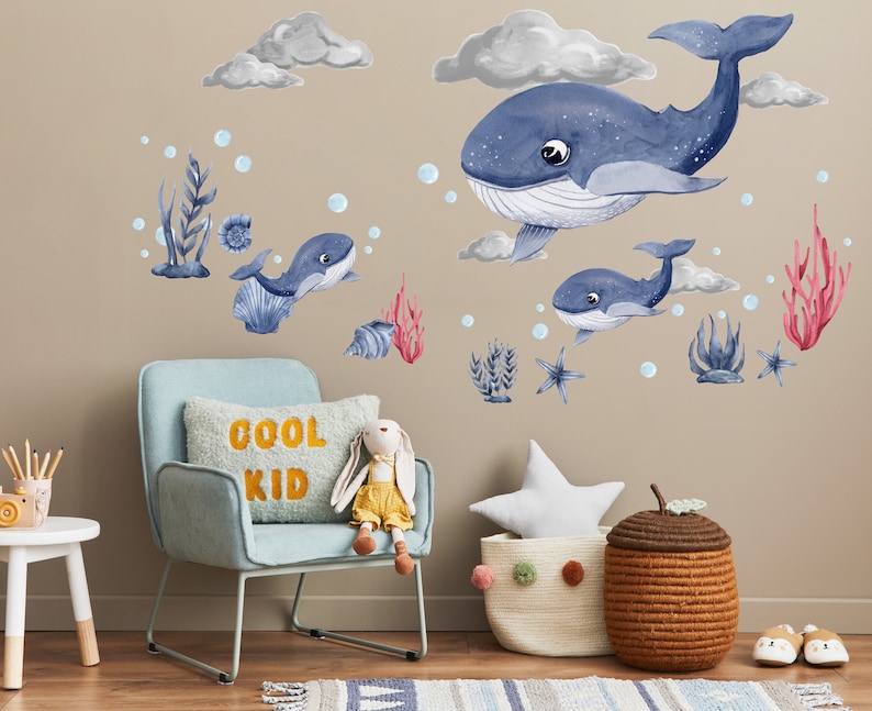 Watercolor Whales Wall Decal Set Removable Whale Wall Etsy
