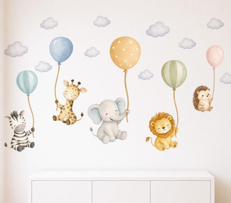 Safari Balloon Wall Decals for Nursery, Watercolour Animal Wall ...