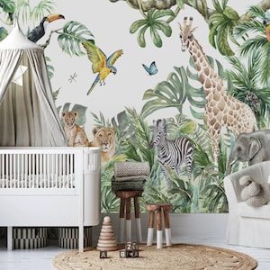 Unique Jungle Wallpaper, Watercolor Jungle Wallpaper, Removable Wall Mural, Nursery Forest Animal Wallpaper, Peel and Stick Wallpaper