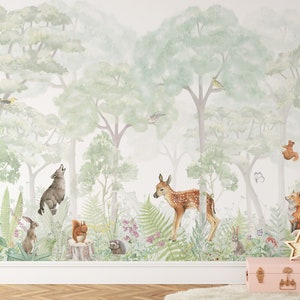 Carta da parati della foresta della scuola materna, carta da parati Boho della scuola materna, carta da parati della foresta del terreno boscoso, carta da parati buccia e bastone, carta da parati rimovibile, carta da parati per bambini