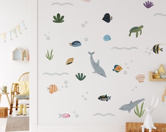 Ocean Animals Wall Sticker, Nursery Undersea Decal, Fish Wall Sticker, Peel and Stick, Kids Fish Wall Decal, Nursery Wall Decal