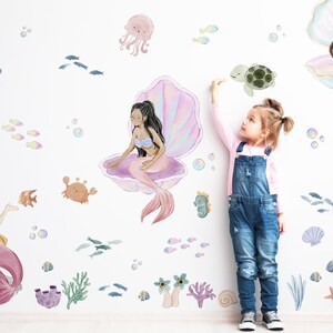 Huge Watercolor Mermaids & Ocean Animals Wall Decal Set, Mermaid Wall ...