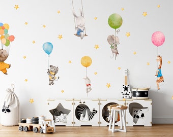 Watercolor Flying Jungle Animals Sticker, Nursery Jungle Wall Decal, Giraffe, Bear, Rabbit, Zebra Sticker, Peel and Stick Decal, Kids Decal