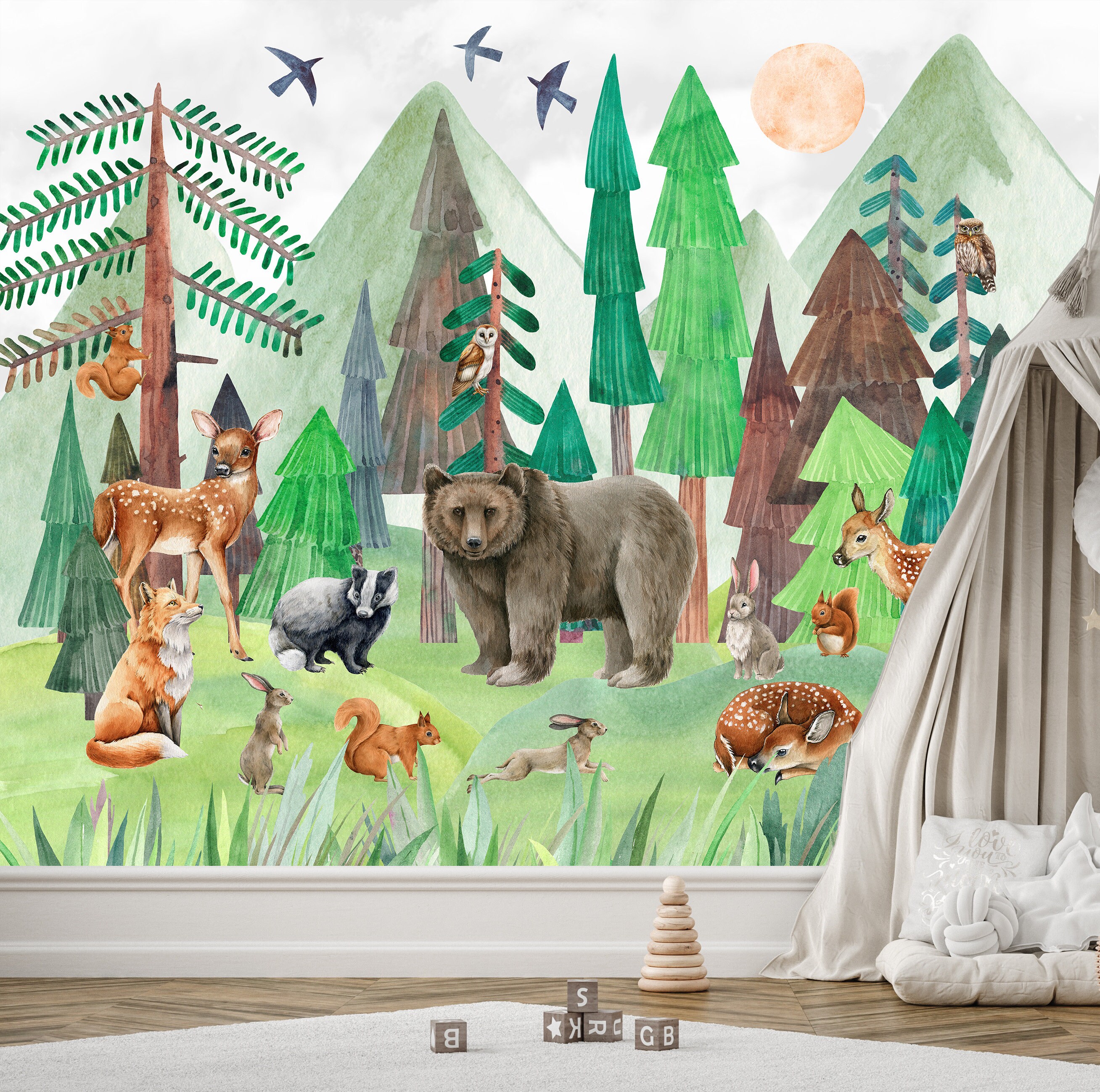 Forest Animal Nursery Wallpaper, Forest Landscape Wall Mural