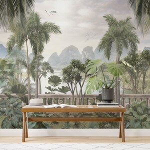 Vintage Tropical Wallpaper, Palm Tree Removable Wallpaper, Peel and Stick Wallpaper, Forest Wall Mural, Tree Wallpaper, Tropical Wall Mural