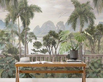 Fondo de pantalla tropical vintage, fondo de pantalla extraíble de palmera, papel pintado de cáscara y palo, mural de pared del bosque, fondo de pantalla de árbol, mural de pared tropical