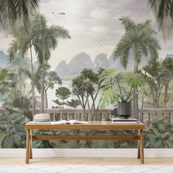 Vintage Tropical Wallpaper, Palm Tree Removable Wallpaper, Peel and Stick Wallpaper, Forest Wall Mural, Tree Wallpaper, Tropical Wall Mural