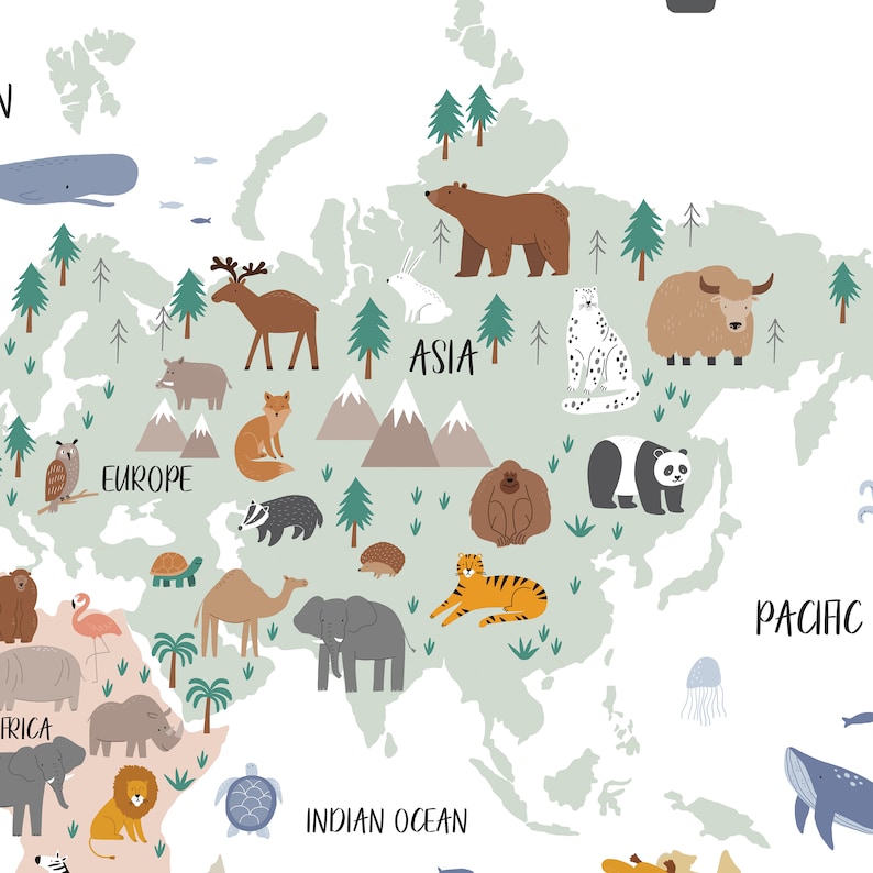 Animal World Map Decal, Peel and Stick Map Decal, World Map Wall Mural, Children World Map Sticker, Nursery Wall Decal, Nursery Map Sticker image 5