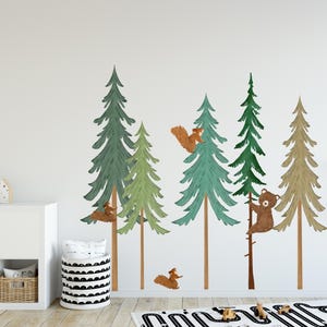 Adesivo da parete con albero di pino ad acquerello, adesivo da parete con albero, decorazione da parete con albero per bambini, adesivo da parete con orso, adesivo da parete con scoiattolo, adesivo da parete con albero della foresta
