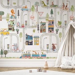Acquerello City Road Wallpaper, Nursery Car e Jungle Wall Mural, Animali Wallpaper, Wallpaper rimovibile, Giraffe, Bear, Elephant Wallpaper