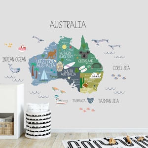 Sticker carte de l'Australie, Sticker mural pour chambre d'enfant, Sticker mural chambre d'enfant, Sticker carte de l'Australie, Sticker carte pédagogique, Pour chambre d'enfant