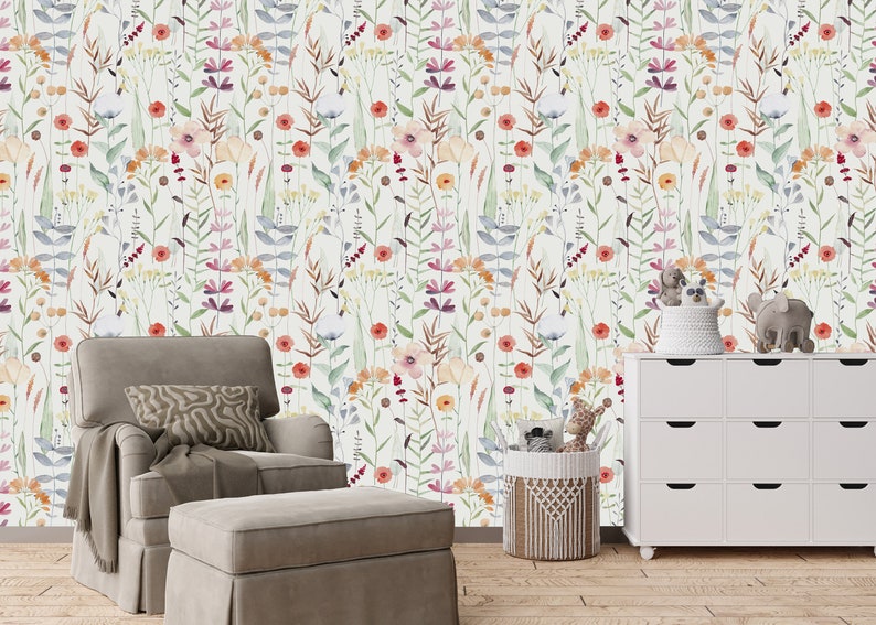 Watercolor Flowers Removable Wallpaper, Nursery Floral Wall Mural ...
