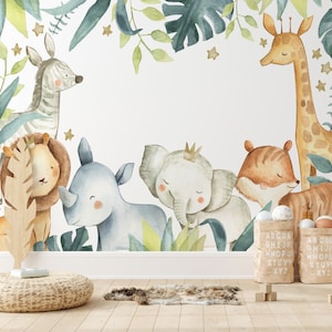 Carta da parati con animali da safari, carta da parati rimovibile, carta da parati con animali da vivaio, carta da parati con buccia e bastoncino, murale con animali della giungla