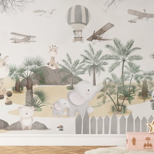 Nursery Jungle Animals Wallpaper, Safari Animals Wall Mural, Kids Jungle Wallpaper, Palm Tree Wallpaper, Peel and Stick, Removable Wallpaper