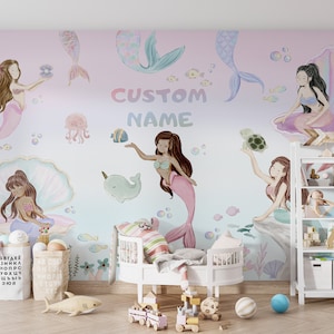 Carta da parati acquerello sirena, carta da parati sirena per bambini, carta da parati rimovibile, carta da parati buccia e bastone, murale sirena, murale animali marini