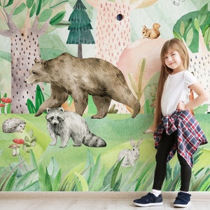 Carta da parati della scuola materna degli animali della foresta, murale della parete della foresta per bambini, carta da parati degli animali dell'acquerello, carta da parati a buccia e bastone, carta da parati rimovibile