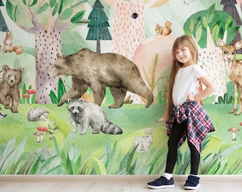 Papel pintado de vivero de animales del bosque, mural de pared del bosque de los niños, papel pintado de animales de acuarela, papel pintado de cáscara y palo, papel pintado extraíble
