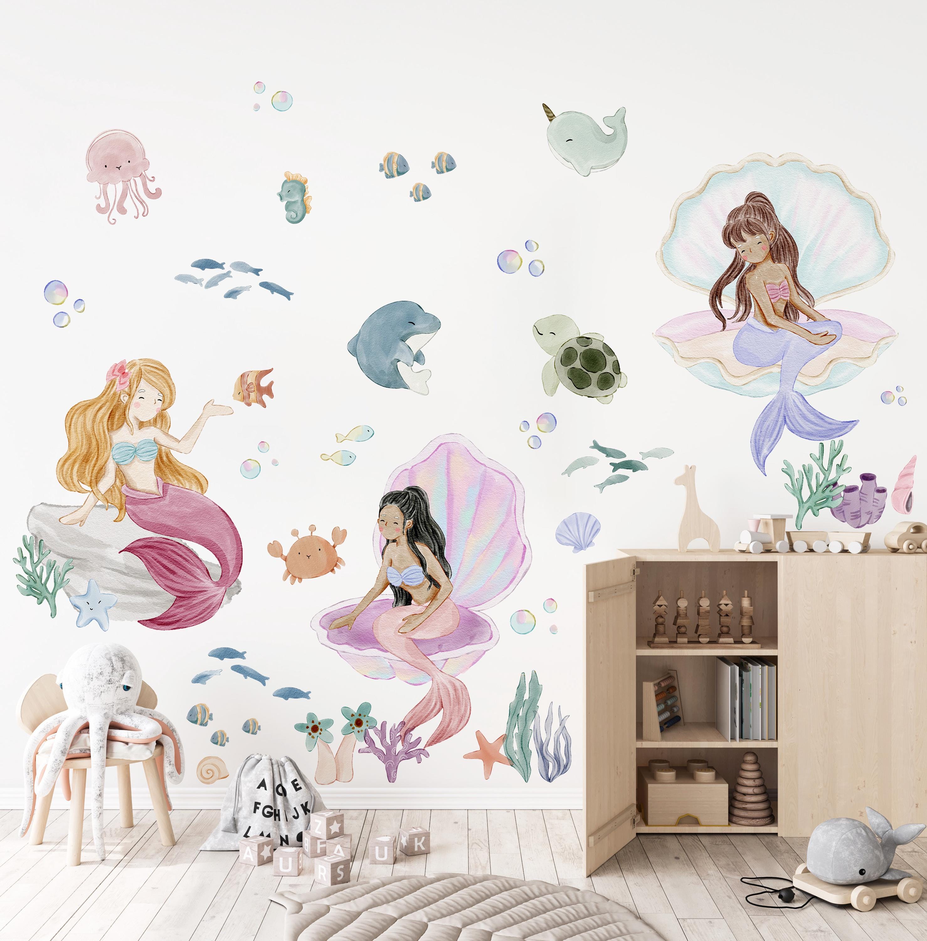 Huge Watercolor Mermaids & Ocean Animals Wall Decal Set, Mermaid Wall ...