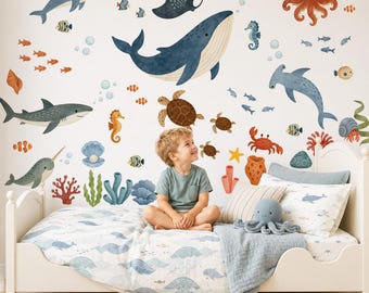 Naklejki ścienne z motywem oceanu do pokoju dziecięcego, naklejki ścienne z wielorybami, wystrój pokoju dziecięcego z motywem podmorskim, naklejki ścienne ze zwierzętami morskimi, wystrój pokoju dziecięcego