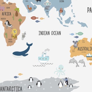May include: A colorful world map with illustrations of animals and landmarks. The map includes continents like Africa, Asia, Australia, and Antarctica. The map is decorated with animals like zebras, lions, elephants, koalas, penguins, and fish.
