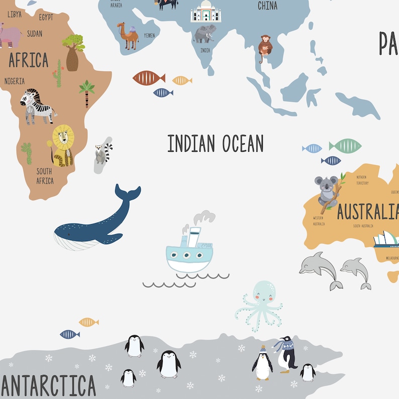 May include: A colorful world map with illustrations of animals and landmarks. The map includes continents like Africa, Asia, Australia, and Antarctica. The map is decorated with animals like zebras, lions, elephants, koalas, penguins, and fish.