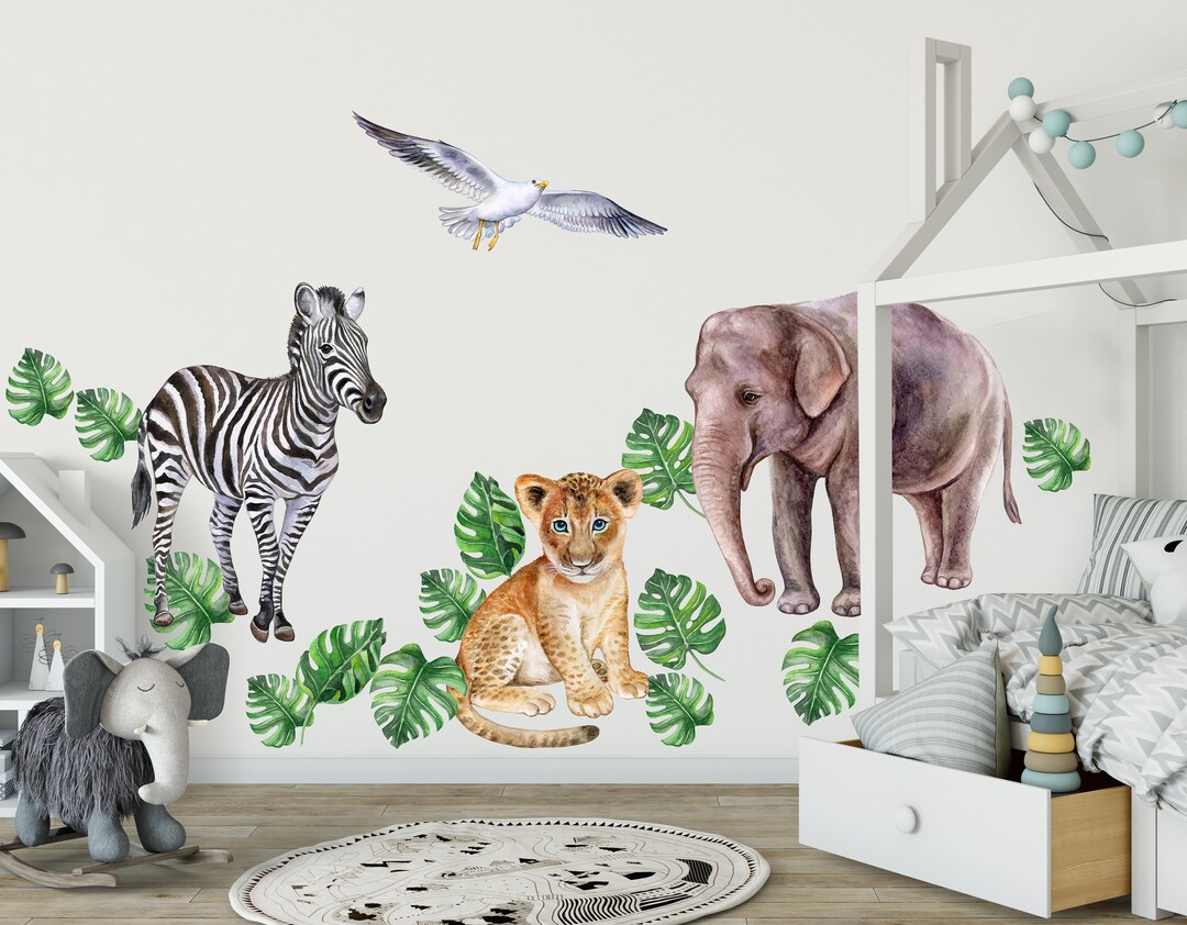 Big Jungle Wall Decal, Nursery Jungle Animals Wall Mural, Peel and ...