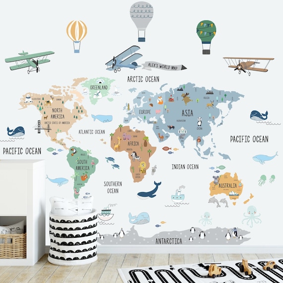World Map Wall Decal for Kids, Animal World Map Sticker, Nursery World Map Decal, World Map Murals, World Map Decor, Peel Stick Wall Decal