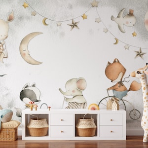 Nursery Animals Wallpaper, Removable Wallpaper, Peel and Stick Wallpaper, Watercolor Animals Wall Mural, Elephant, Rabbit, Fox Wallpaper